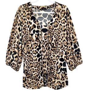 Appointments Leopard Print Loose Long Sleeve V-Neck Blouse Top Women's Size L